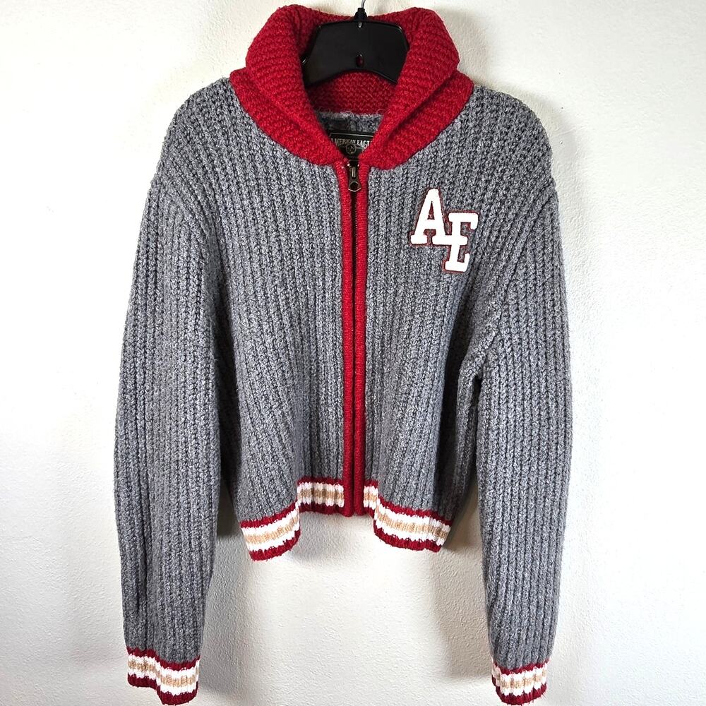 American Eagle Shawl Collar Cardigan Womens M Red Gray Cropped Letterman Varsity